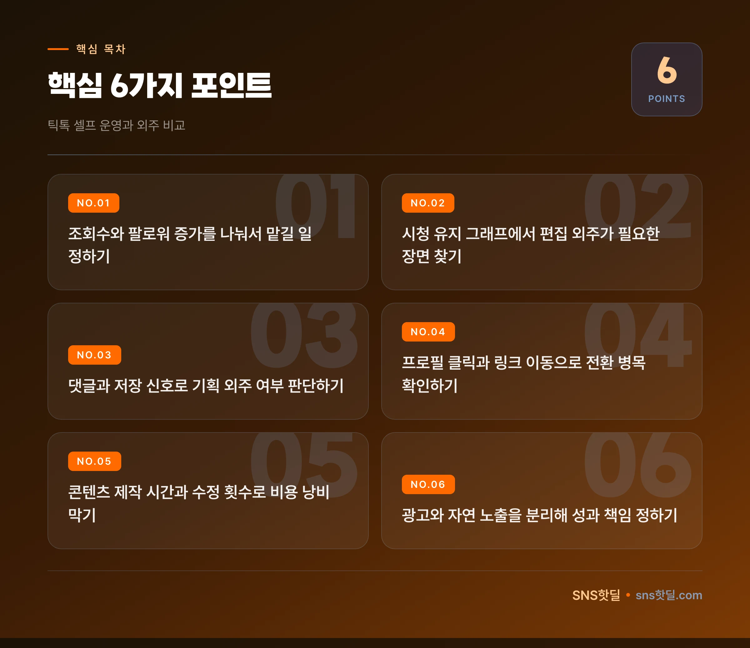 틱톡 셀프 운영과 외주 비교에서 놓치는 실수 6가지 핵심 포인트 인포그래픽