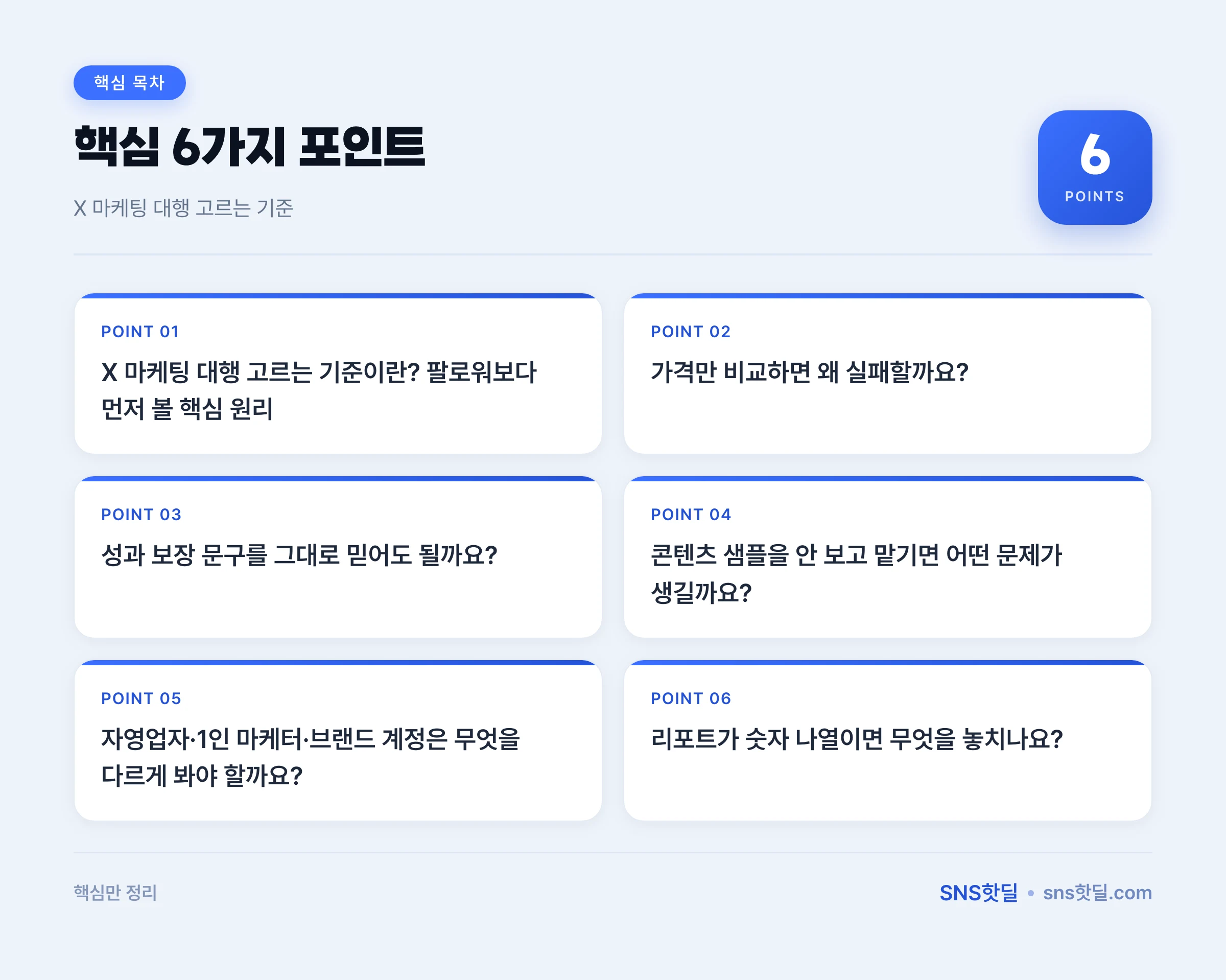 X 마케팅 대행 고르는 기준, 팔로워보다 운영력 먼저 볼까 핵심 포인트 인포그래픽