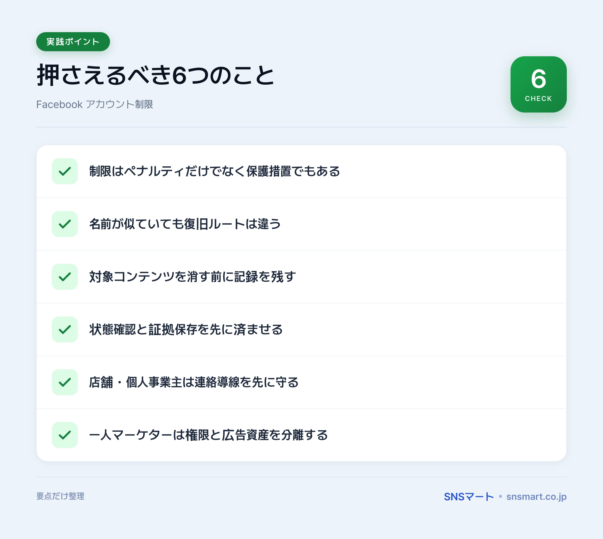 Facebook アカウント制限・凍結への対応法でやりがちなミス7つ ポイントイラスト