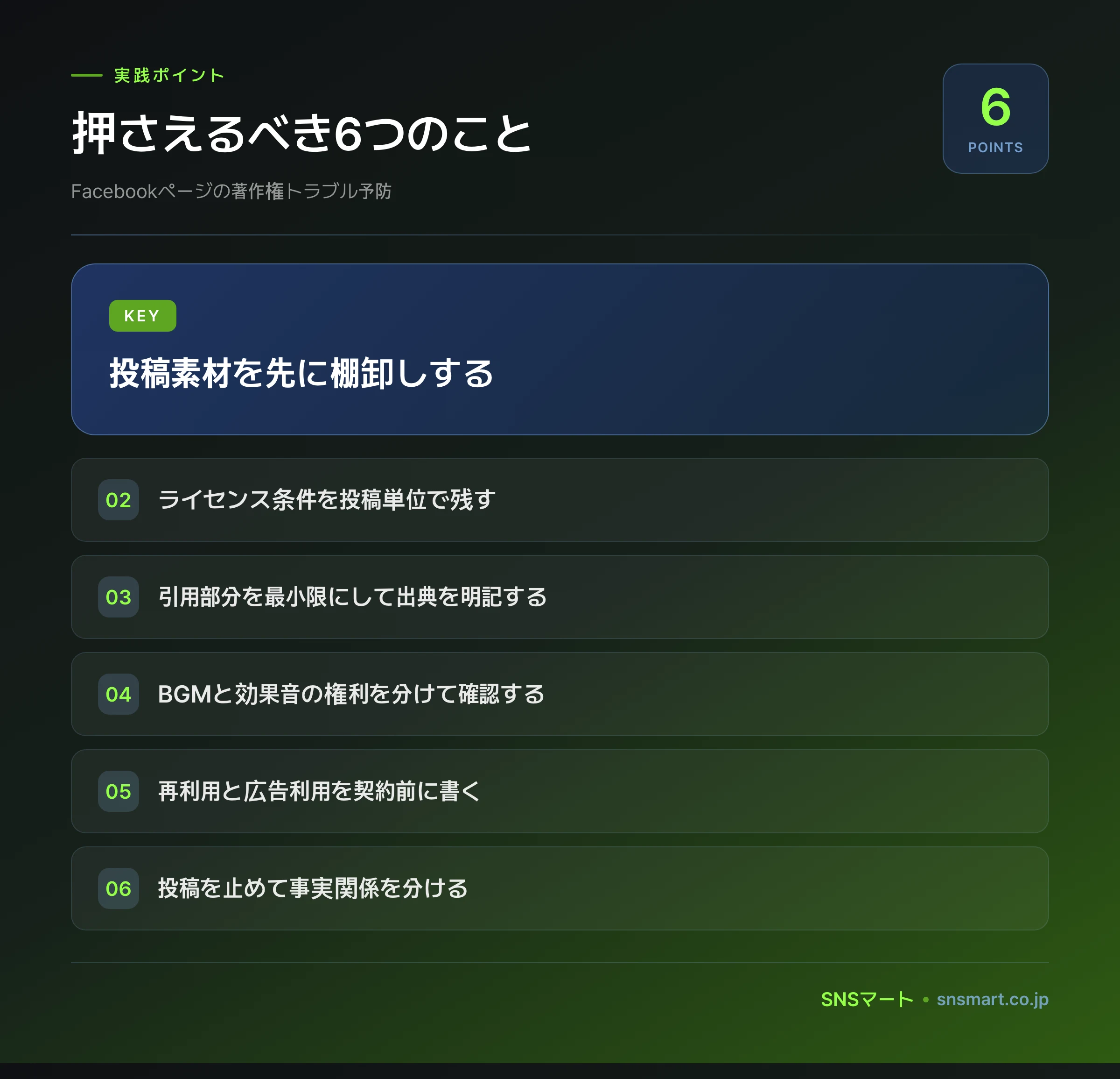 Facebookページの著作権トラブル予防で見落とすミス7つ ポイントイラスト