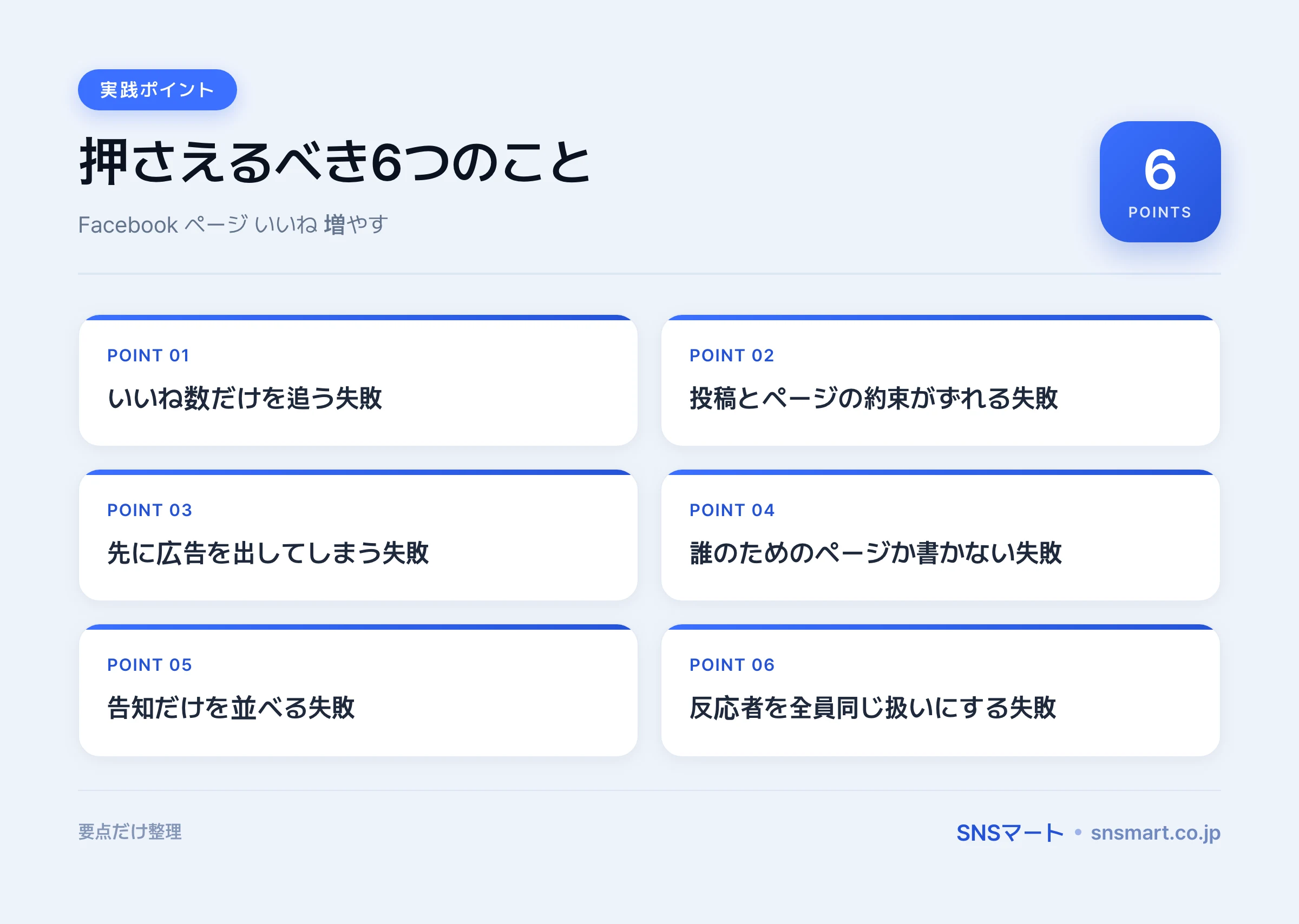 Facebook ページ いいね 増やす6ステップ｜伸びない原因の直し方 ポイントイラスト