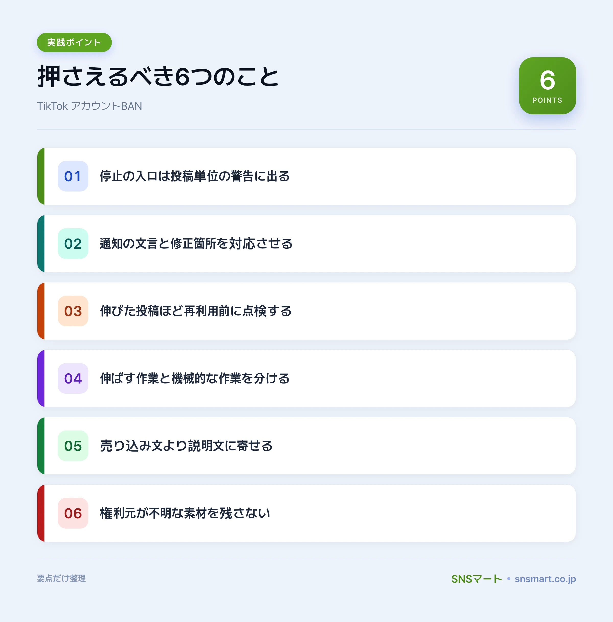 一人運用者が知るTikTok アカウントBANの理由と対策 ポイントイラスト