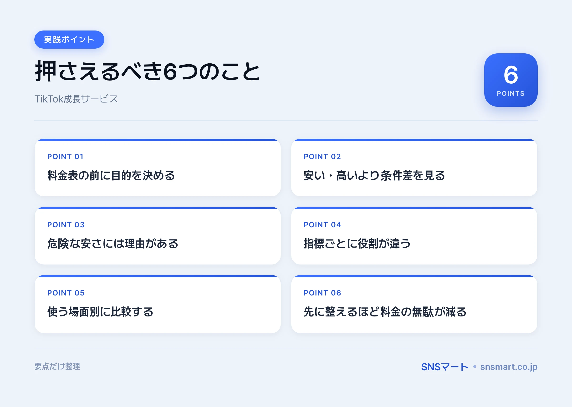 TikTok 成長サービス 料金・業者 比較は何から見るか ポイントイラスト